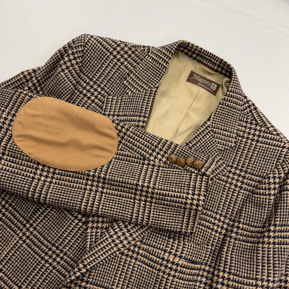 Lanvin Sport Coat Camel Hair Glen Plaid Elbow Patches Tan Mens 48R